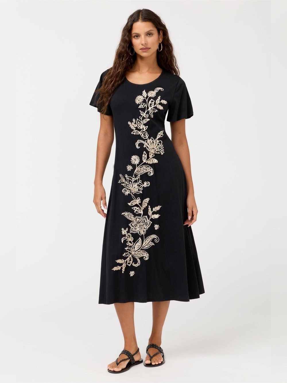 NWT Johnny Was Flutter Sleeve Embroidered Knit Pullover Black Dress 1X